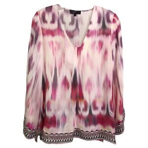 Hale Bob Women Blouse TopTunic XS‎ Zahara Silk Boho Long Sleeve Pink Watercolor